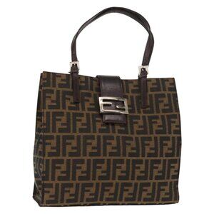 FENDI Zucca Canvas Mamma Baguette Tote Bag Black Silver Brown Auth 145493